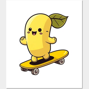 Cute kawaii banana riding a skateboard Posters and Art